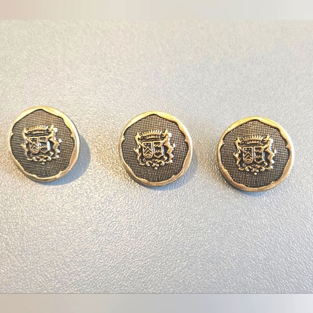 3 Vintage Gold Tone Brass Coat of Arms Shank Buttons